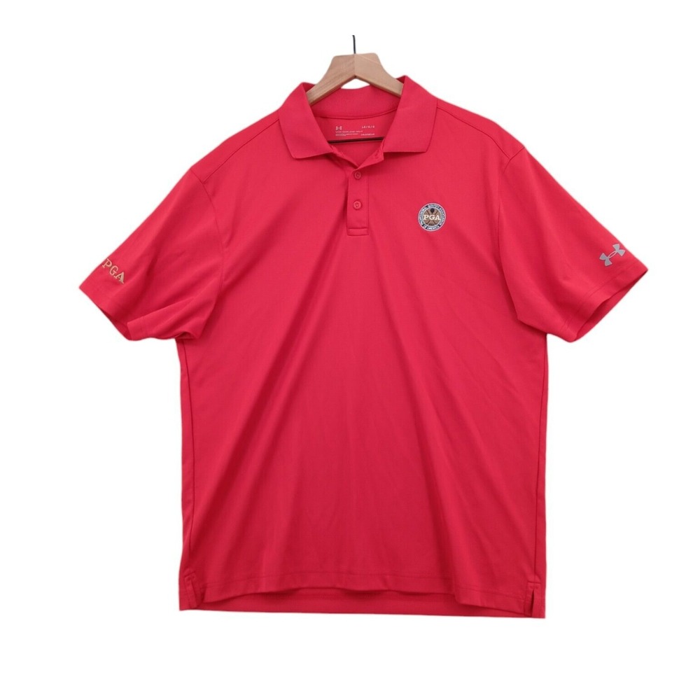 Under Armour Polo Shirt Mens Large Red HeatGear Loose Fit PGA Golf‎ Logo